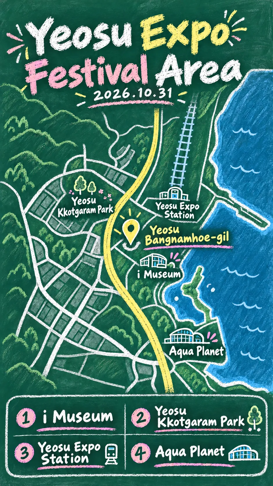 2026 Yeosu Night Sea Fireworks Festival: Hotels, Transport and Visitor Guide English chalkboard map redrawn from the source map