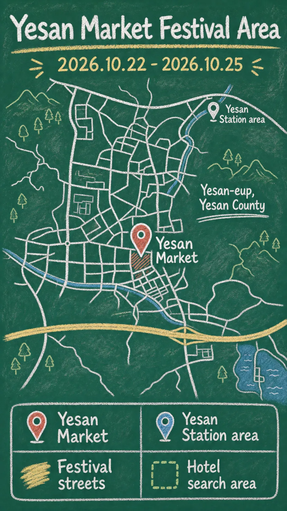 2026 Yesan Jangteo Samguk Festival: Dates, Market Tips, and Where to Stay English chalkboard map redrawn from the source map