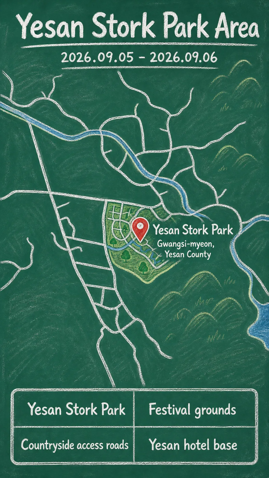 2026 Yesan Oriental Stork Festival: Dates, Location, Travel Tips, and Where to Stay English chalkboard map redrawn from the source map