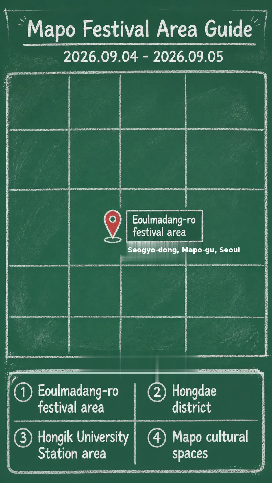 2026 Young People Now, Culture Now: Seoul Mapo Festival and Hotel Base Guide English chalkboard map redrawn from the source map