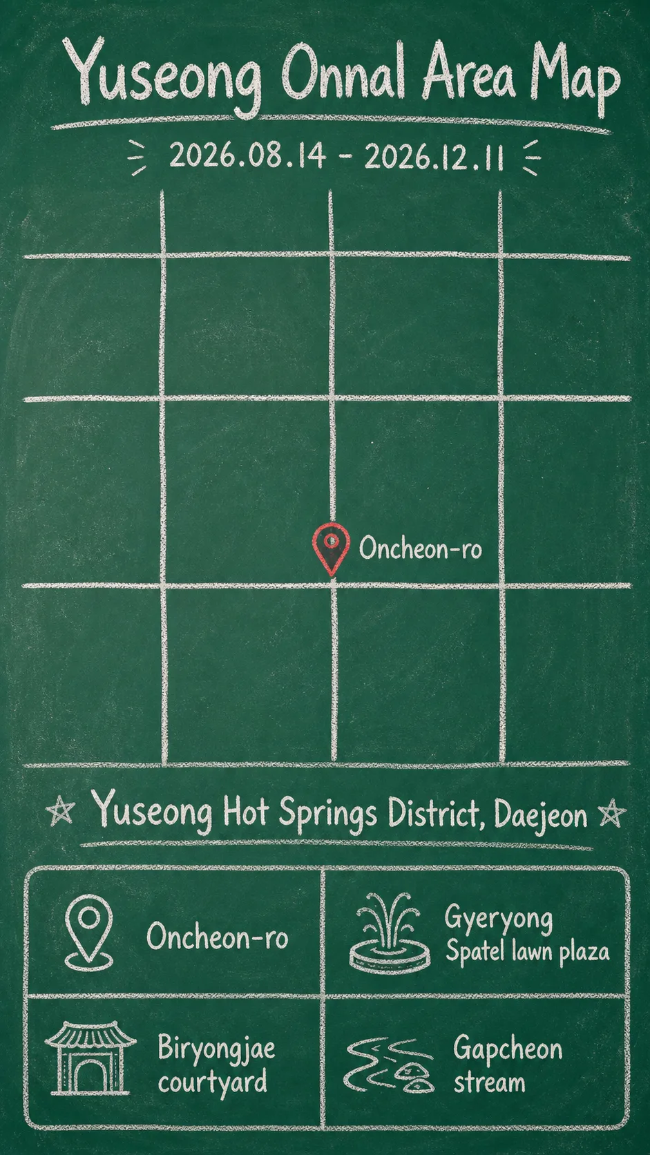 Yuseong Onnal 2026: Hot Springs Festival Guide and Hotel Base Tips English chalkboard map redrawn from the source map