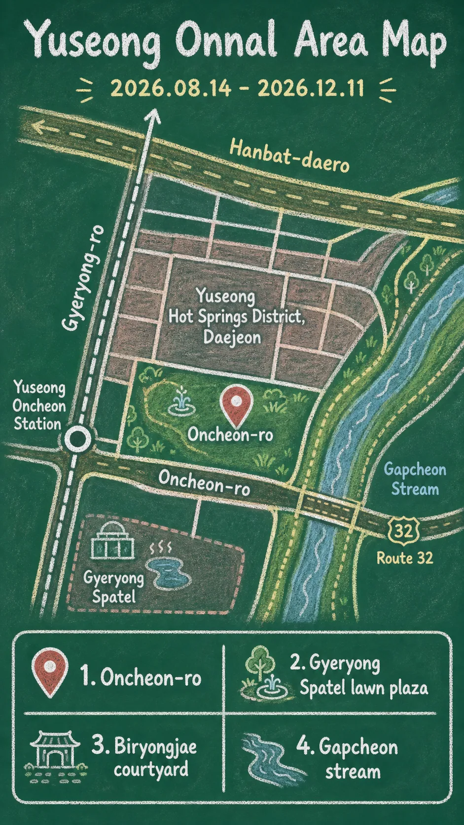 Yuseong Onnal 2026: Hot Springs Festival Guide and Hotel Base Tips English chalkboard map redrawn from the source map