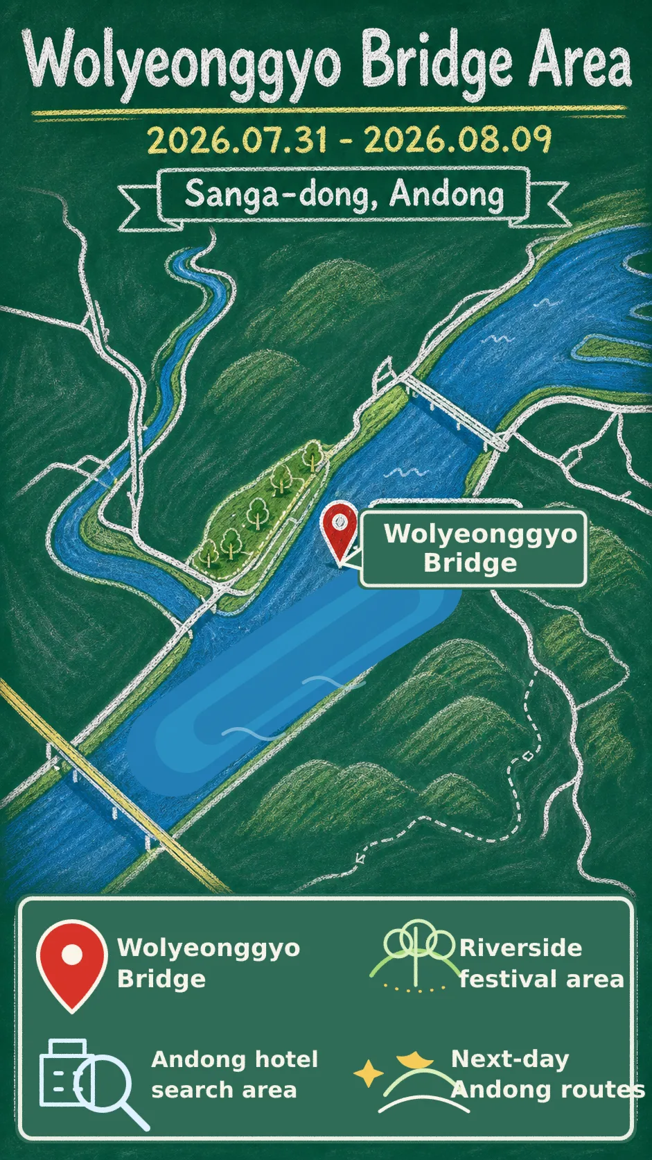 Andong Wolyeong Night Heritage Festival 2026: Where to Stay Near Wolyeonggyo Bridge English chalkboard map redrawn from the source map