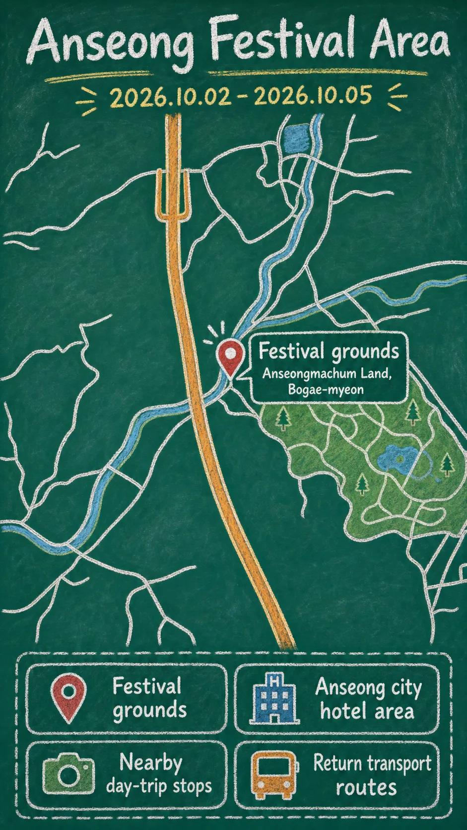 Anseong Namsadang Baudeogi Festival 2026: Dates, Location, Travel Tips, and Where to Stay English chalkboard map redrawn from the source map