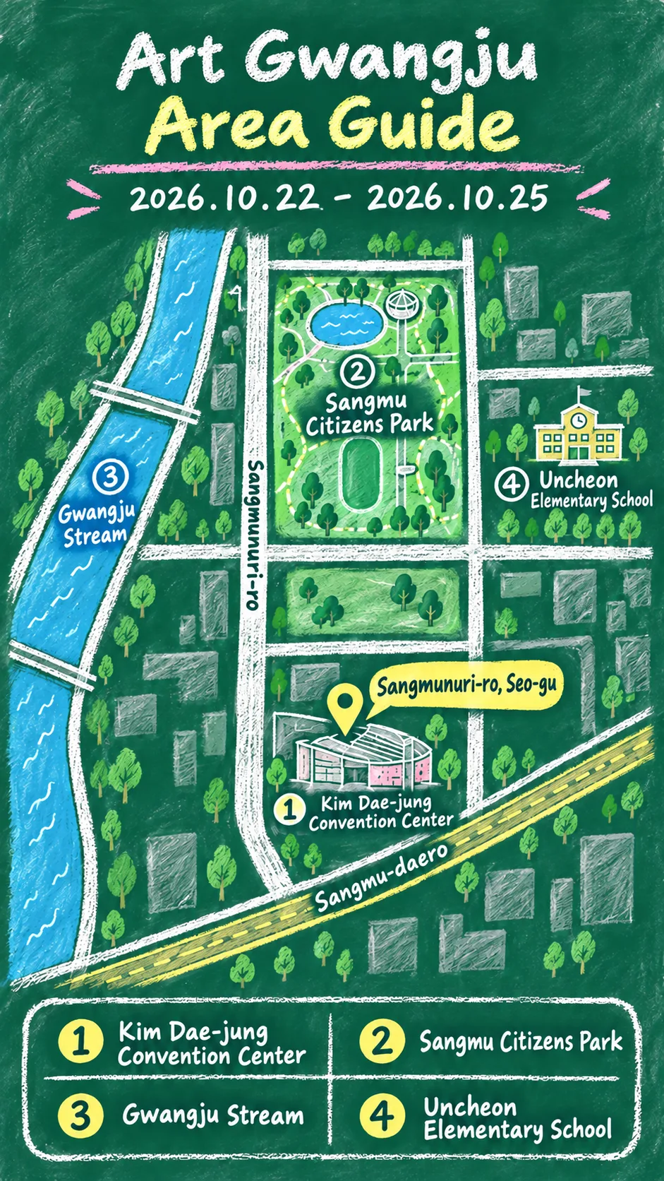Art Gwangju 2026: Dates, Venue, Tickets, and Where to Stay English chalkboard map redrawn from the source map