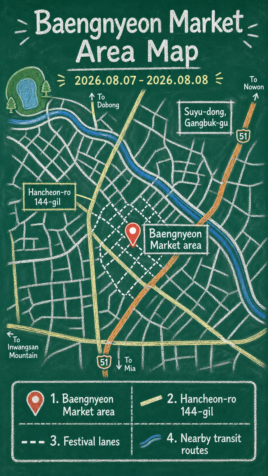 Baengnyeon Night Market 2026: Where to Stay for Gangbuk-gu’s Summer Market Festival English chalkboard map redrawn from the source map