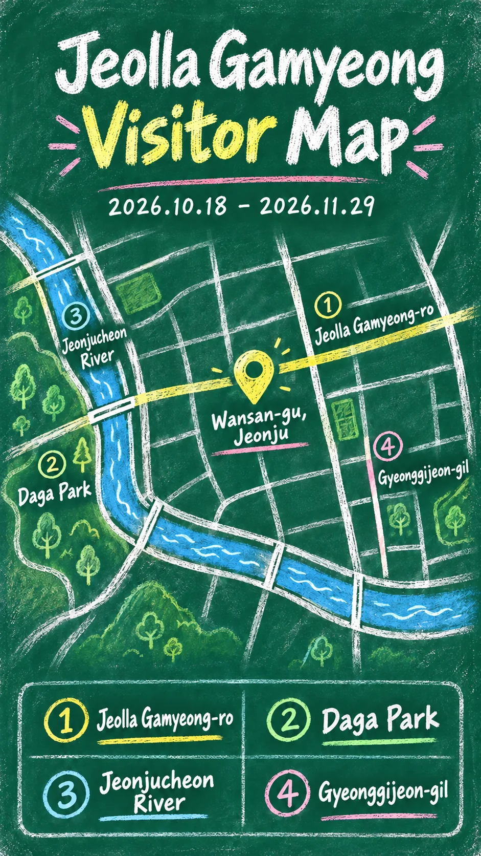 Birth of a Jeolla Governor 2026: Dates, Venue and Where to Stay in Jeonju English chalkboard map redrawn from the source map