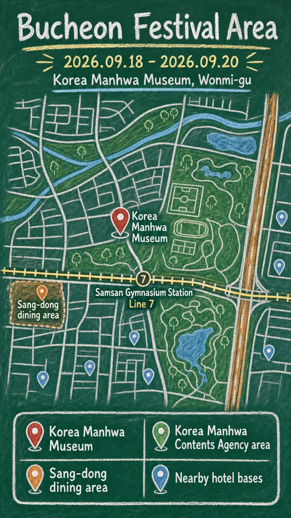 Bucheon International Comics Festival 2026: Where to Stay and How to Plan Your Visit English chalkboard map redrawn from the source map