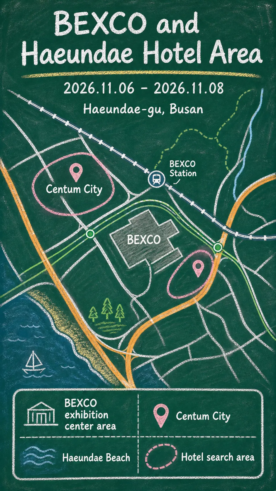 Busan Illustration Fair V.7 2026: Dates, BEXCO Location, Travel Tips, and Where to Stay English chalkboard map redrawn from the source map