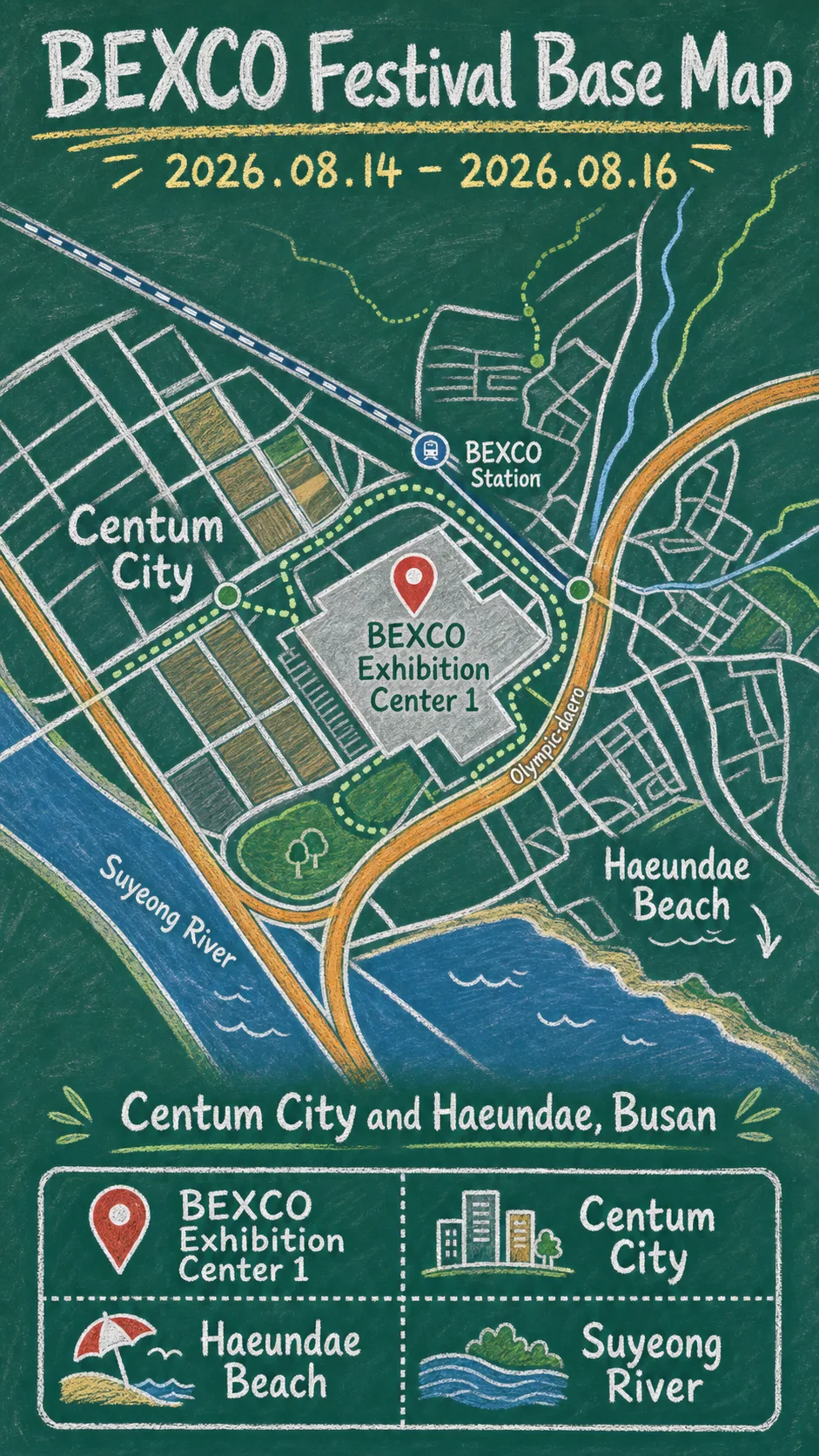 Busan Indie Connect Festival 2026: BEXCO Dates, Tickets, and Where to Stay English chalkboard map redrawn from the source map