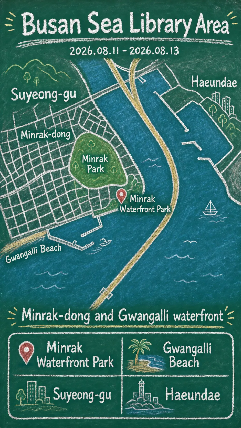 Busan Sea Library 2026: Dates, Minrak Waterfront Tips, and Where to Stay English chalkboard map redrawn from the source map