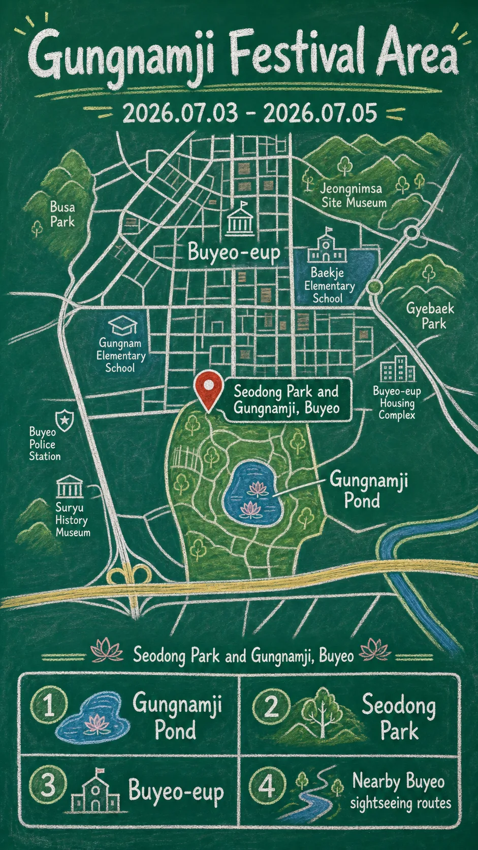 Buyeo Seodong Lotus Festival 2026: Dates, Gungnamji Location, Travel Tips and Where to Stay English chalkboard map redrawn from the source map