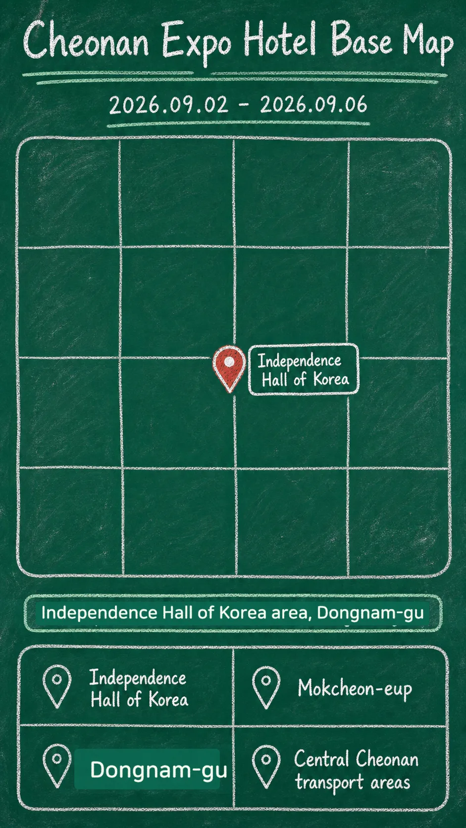 Cheonan K-Culture Expo 2026 Hotel Guide: Dates, Location, Transport Tips, and Where to Stay English chalkboard map redrawn from the source map