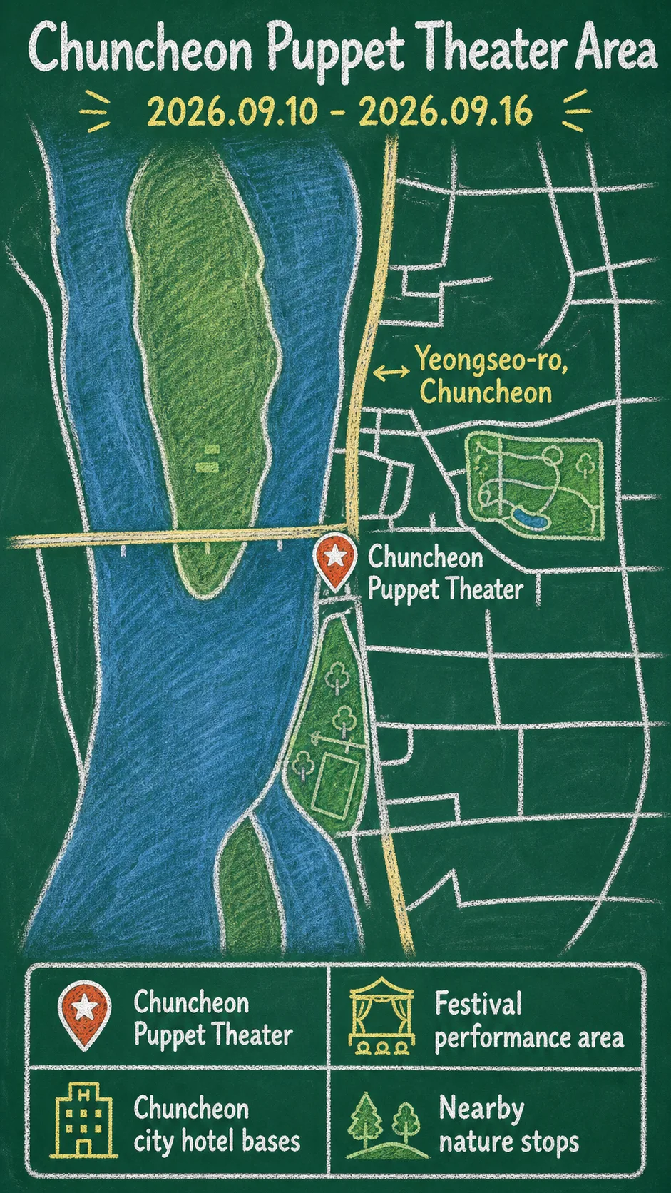 Chuncheon Puppet Festival 2026: Where to Stay and How to Plan Your Visit English chalkboard map redrawn from the source map