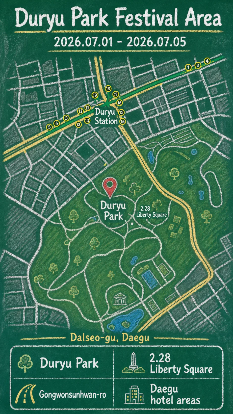 Daegu Chimac Festival 2026: Dates, Duryu Park Tips, and Where to Stay English chalkboard map redrawn from the source map
