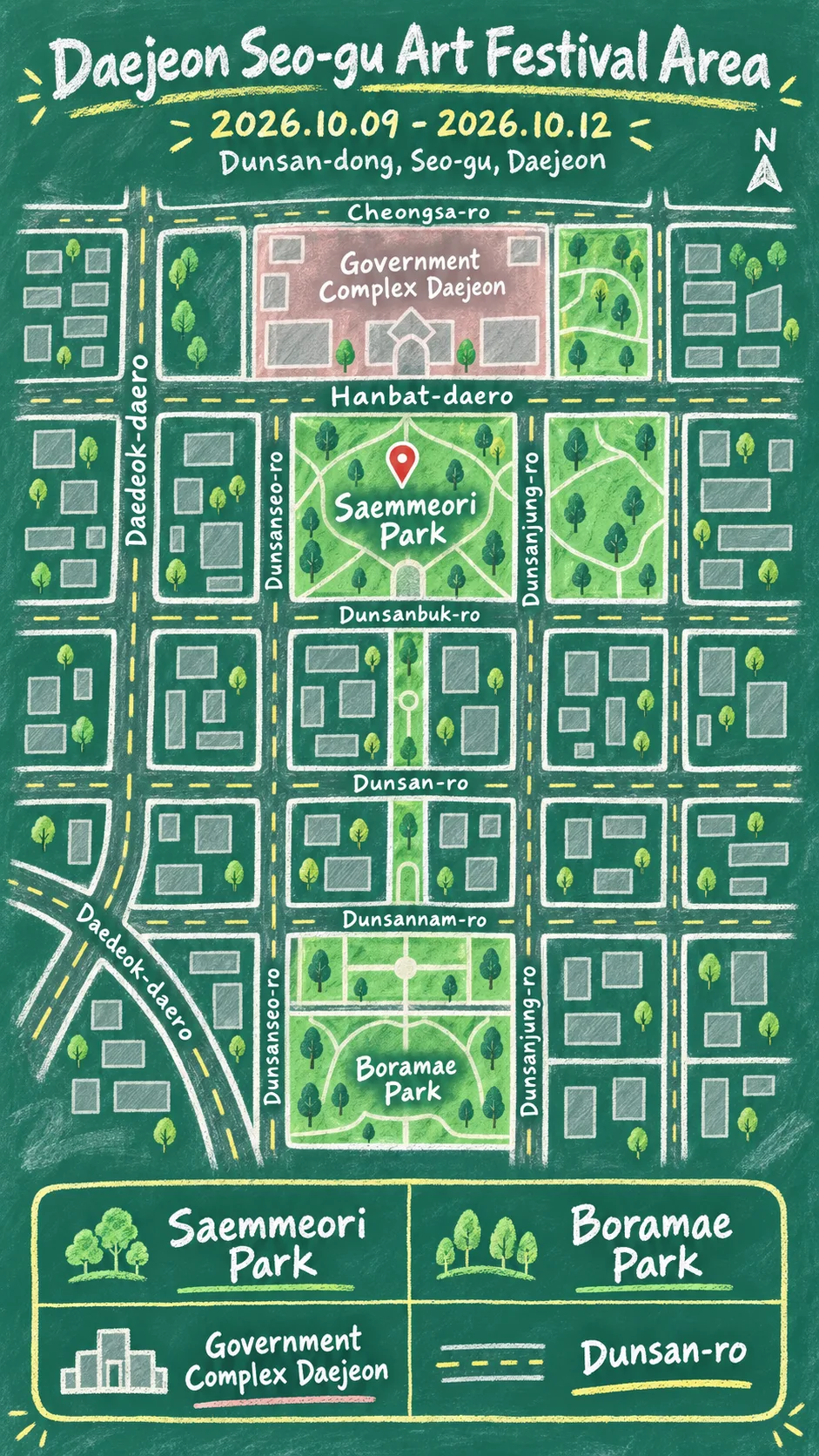 Daejeon Seo-gu Art Festival 2026: Dates, Travel Tips & Hotels English chalkboard map redrawn from the source map