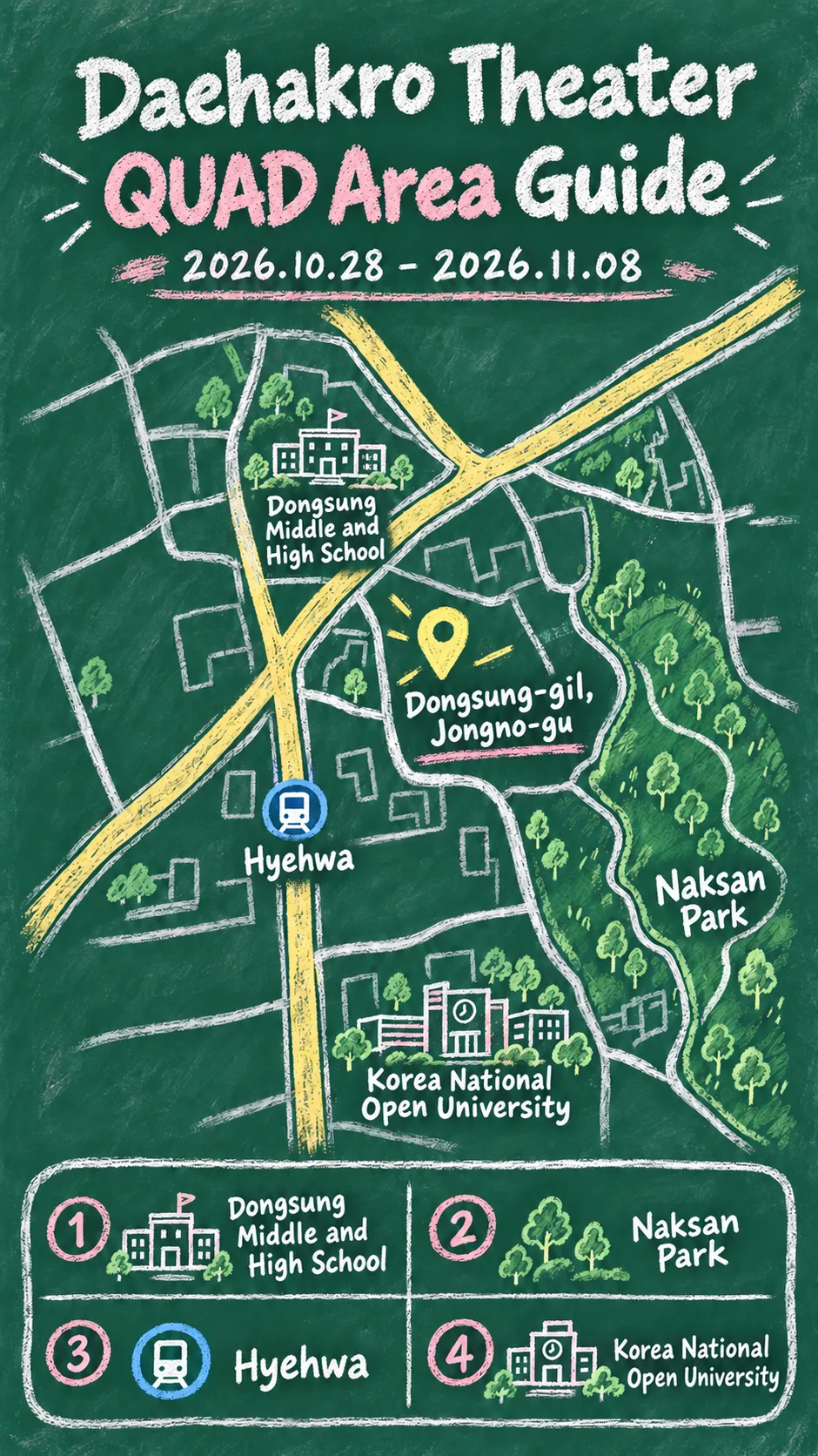 Dance of Revolution at Daehakro Theater QUAD: 2026 Dates, Venue and Hotel Guide English chalkboard map redrawn from the source map