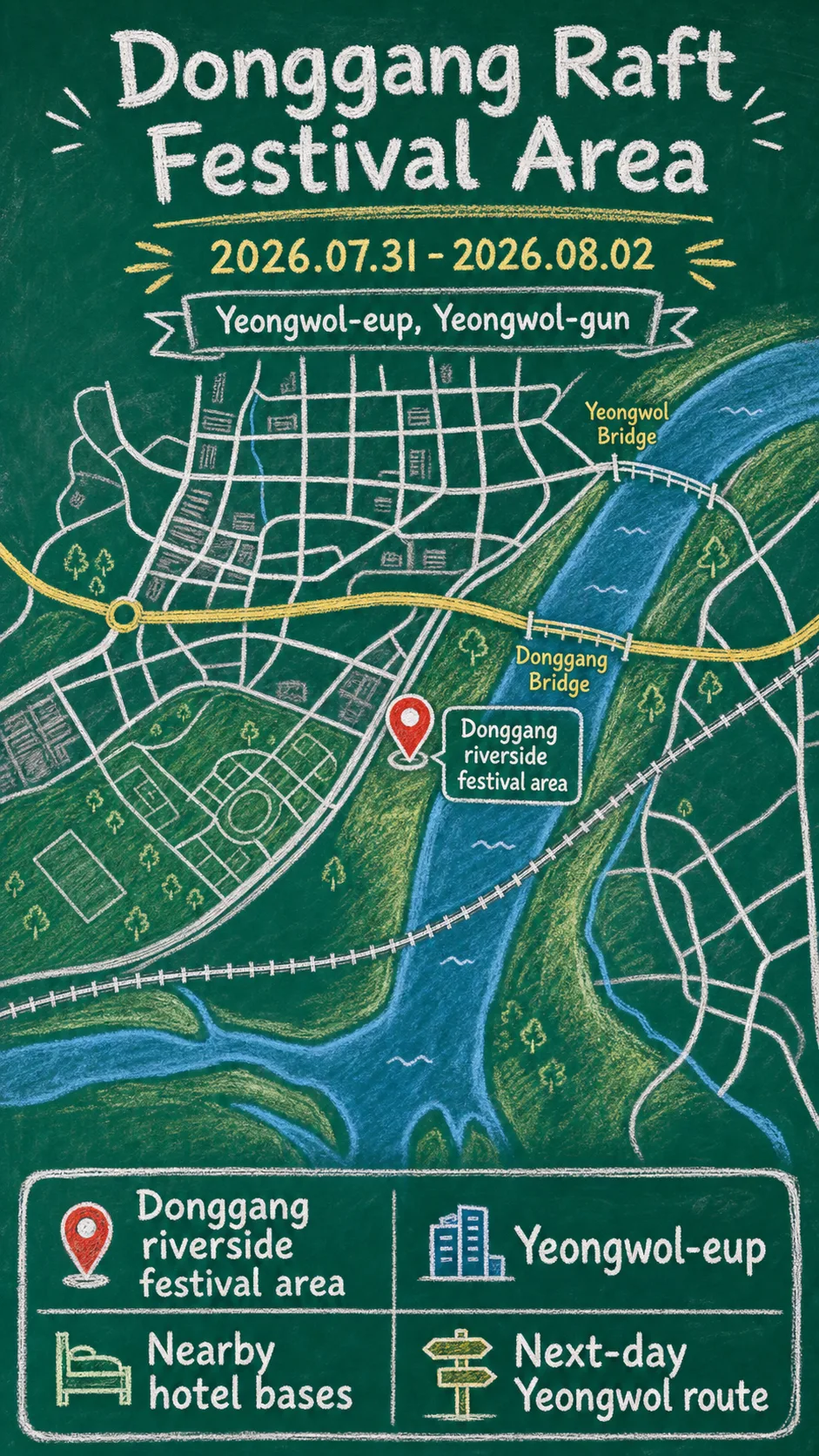 2026 Donggang Raft Festival Guide: Dates, Location, What to Pack, and Where to Stay in Yeongwol English chalkboard map redrawn from the source map