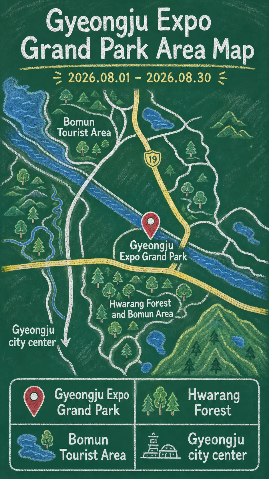EX HORROR Season 6: Silla x Zombie 2026 Gyeongju Hotel Base Guide English chalkboard map redrawn from the source map