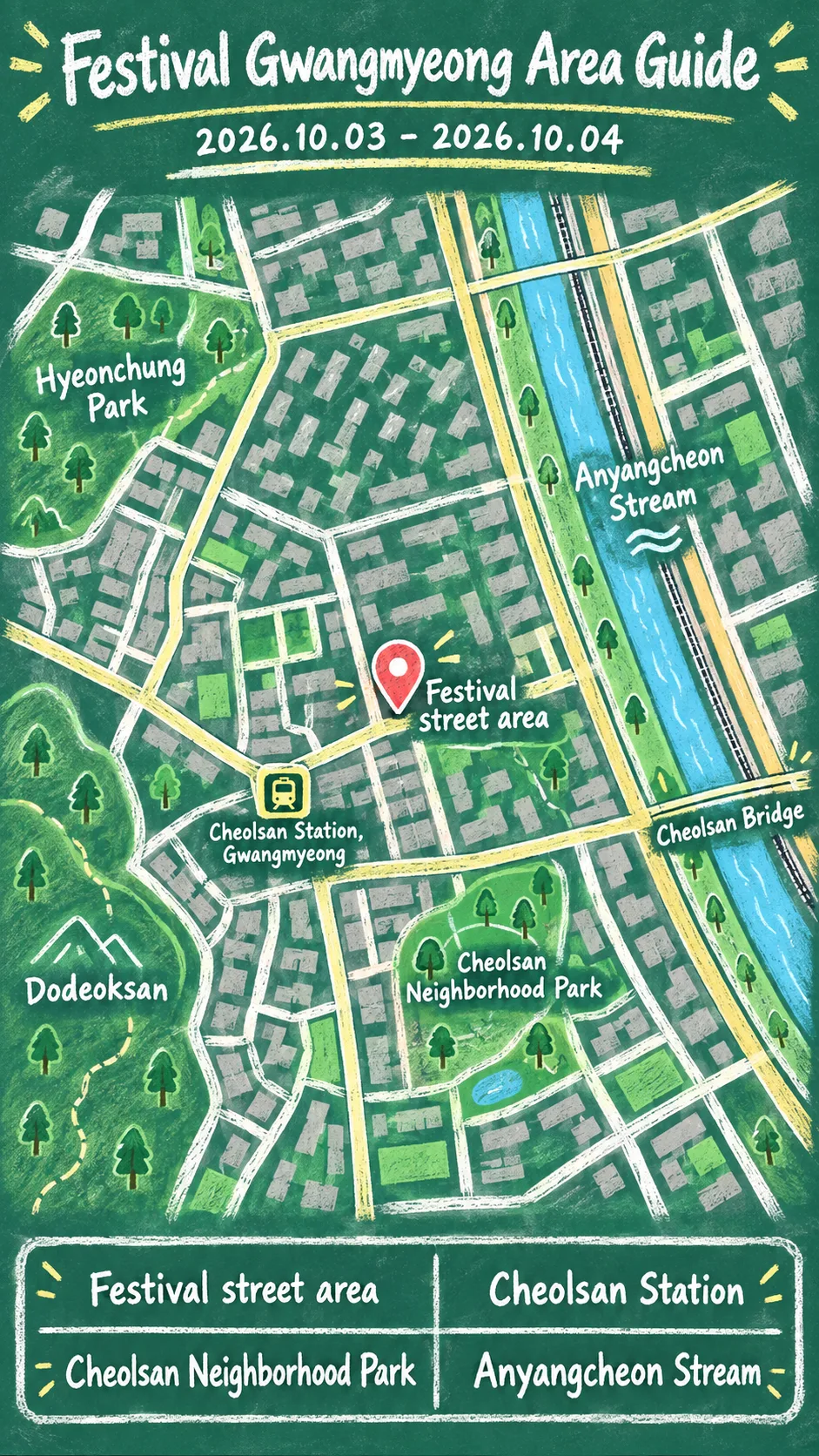 Festival Gwangmyeong 2026: Dates, Transport and Hotels English chalkboard map redrawn from the source map