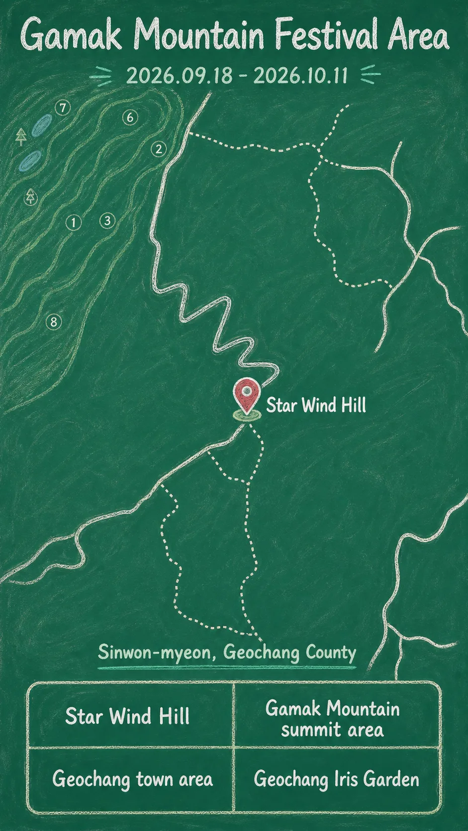 Gamak Mountain Flower Star Trip 2026: Festival Dates, Travel Tips, and Hotels in Geochang English chalkboard map redrawn from the source map