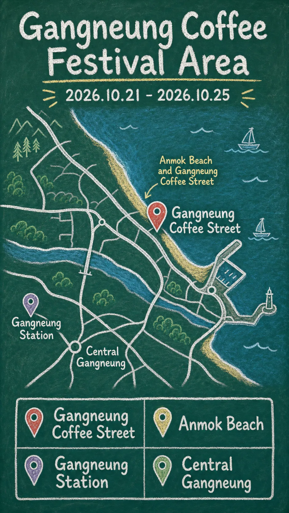 Gangneung Coffee Festival 2026: Dates, Area Guide, Packing Tips, and Where to Stay English chalkboard map redrawn from the source map