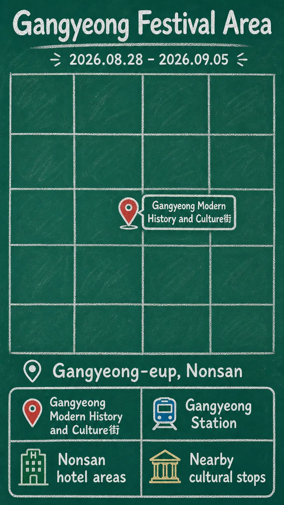 Gangyeong National Heritage Night 2026: Where to Stay and How to Plan Your Visit English chalkboard map redrawn from the source map