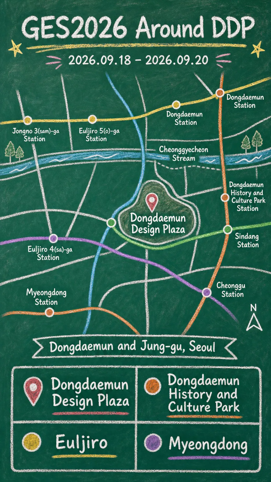 GES2026 in Seoul: DDP Event Dates, Travel Tips, and Where to Stay English chalkboard map redrawn from the source map