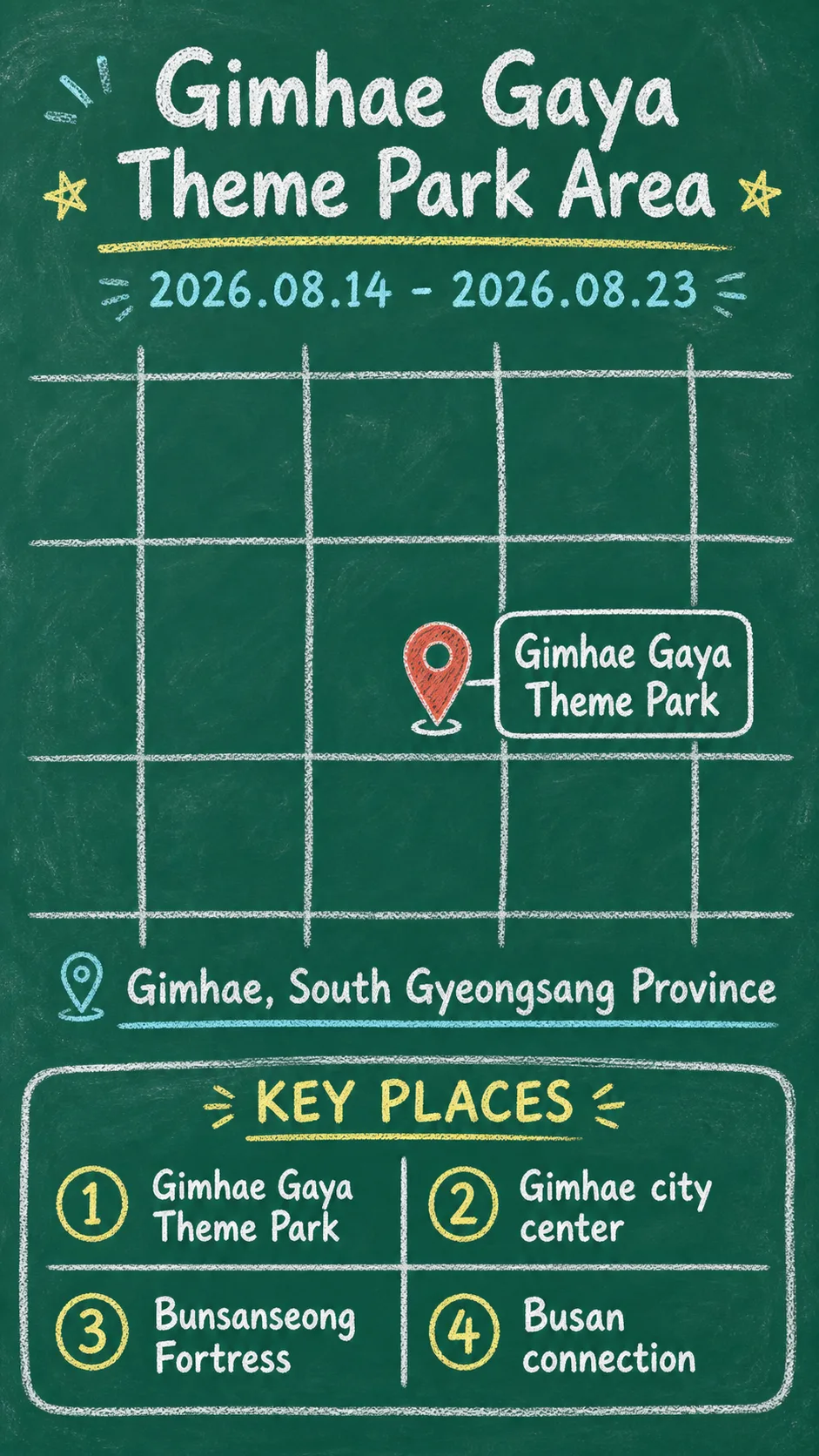 Gimhae Gaya Theme Park Light Festival 2026: Dates, Visitor Tips, and Where to Stay English chalkboard map redrawn from the source map