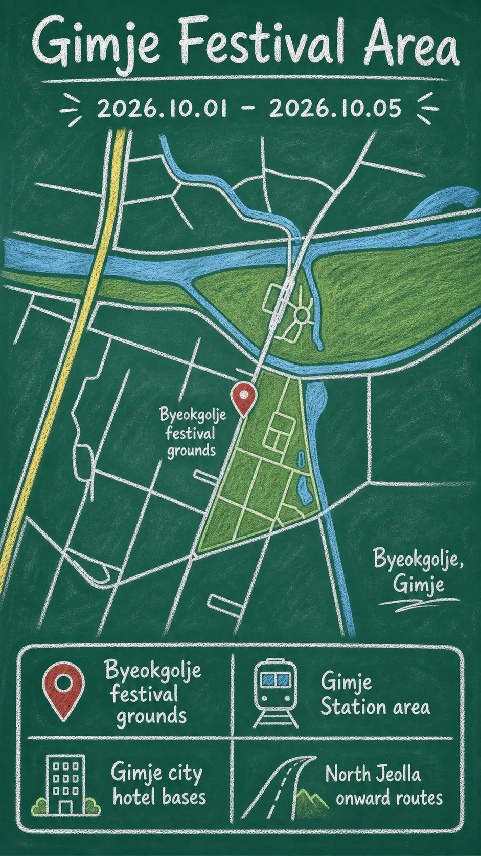 Gimje Horizon Festival 2026: Where to Stay and How to Plan Your Visit English chalkboard map redrawn from the source map