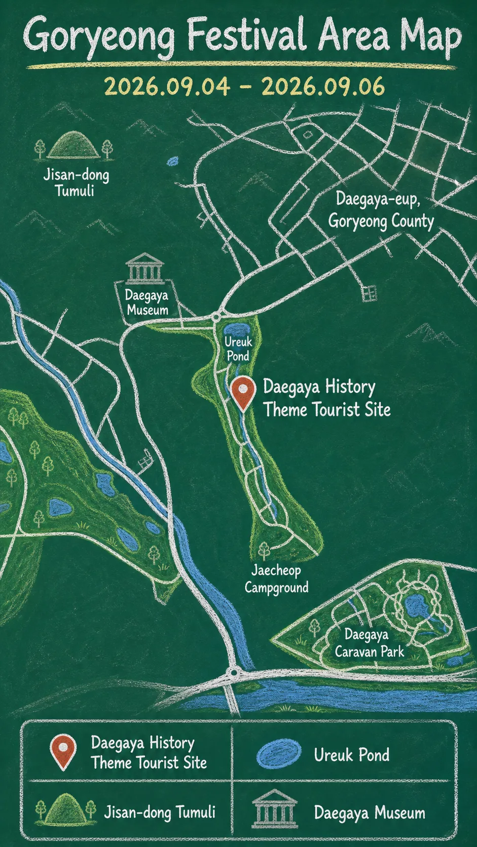Goryeong National Heritage Night 2026: Dates, Venue, Travel Tips, and Hotel Base Ideas English chalkboard map redrawn from the source map