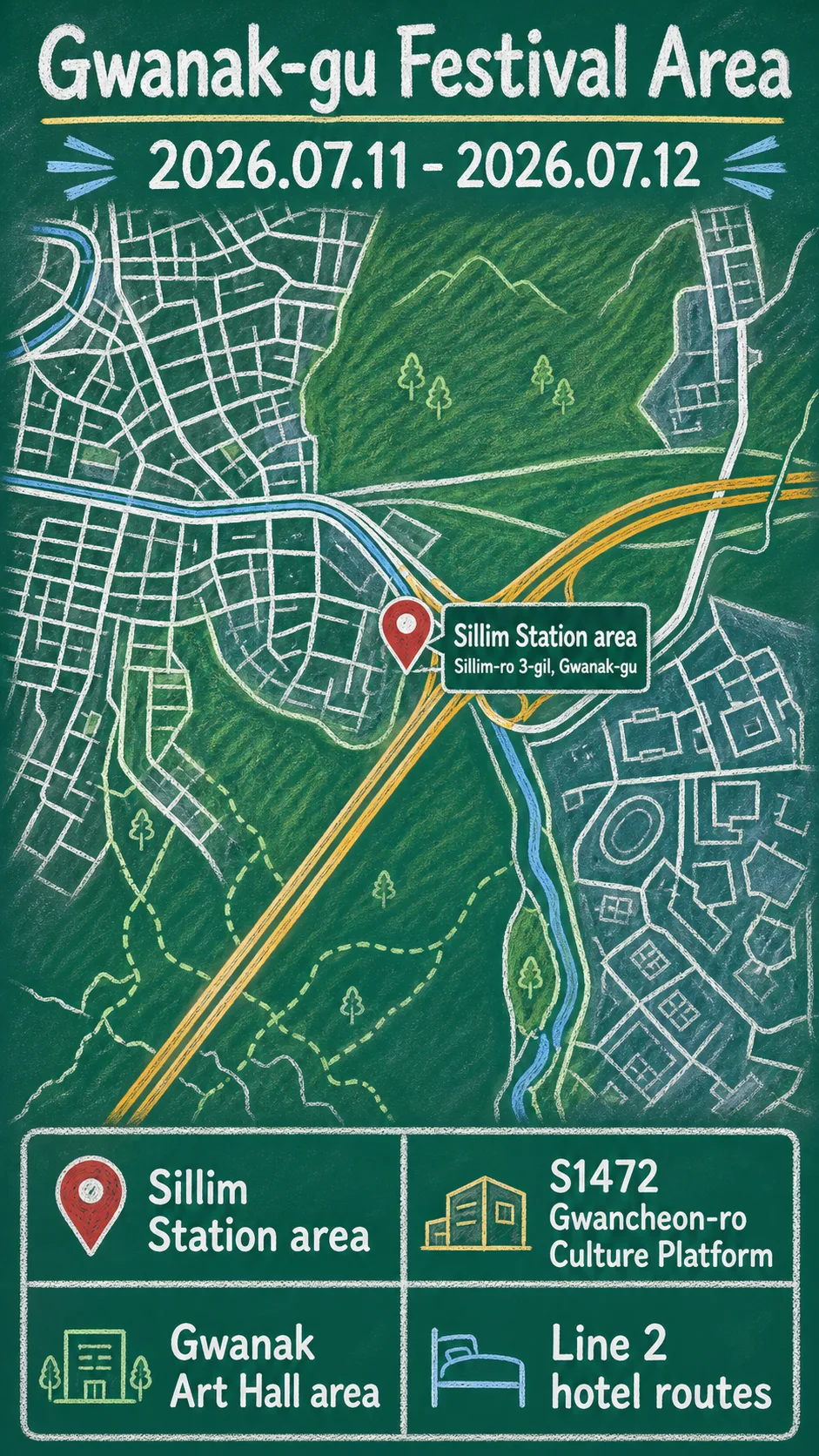 Groove in Gwanak 2026: Seoul Street Dance Festival Hotel Guide English chalkboard map redrawn from the source map