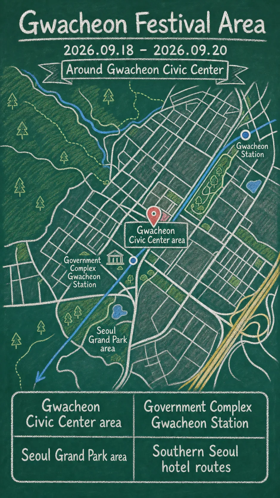 Gwacheon Performing Arts Festival 2026: Dates, Location, Travel Tips, and Where to Stay English chalkboard map redrawn from the source map