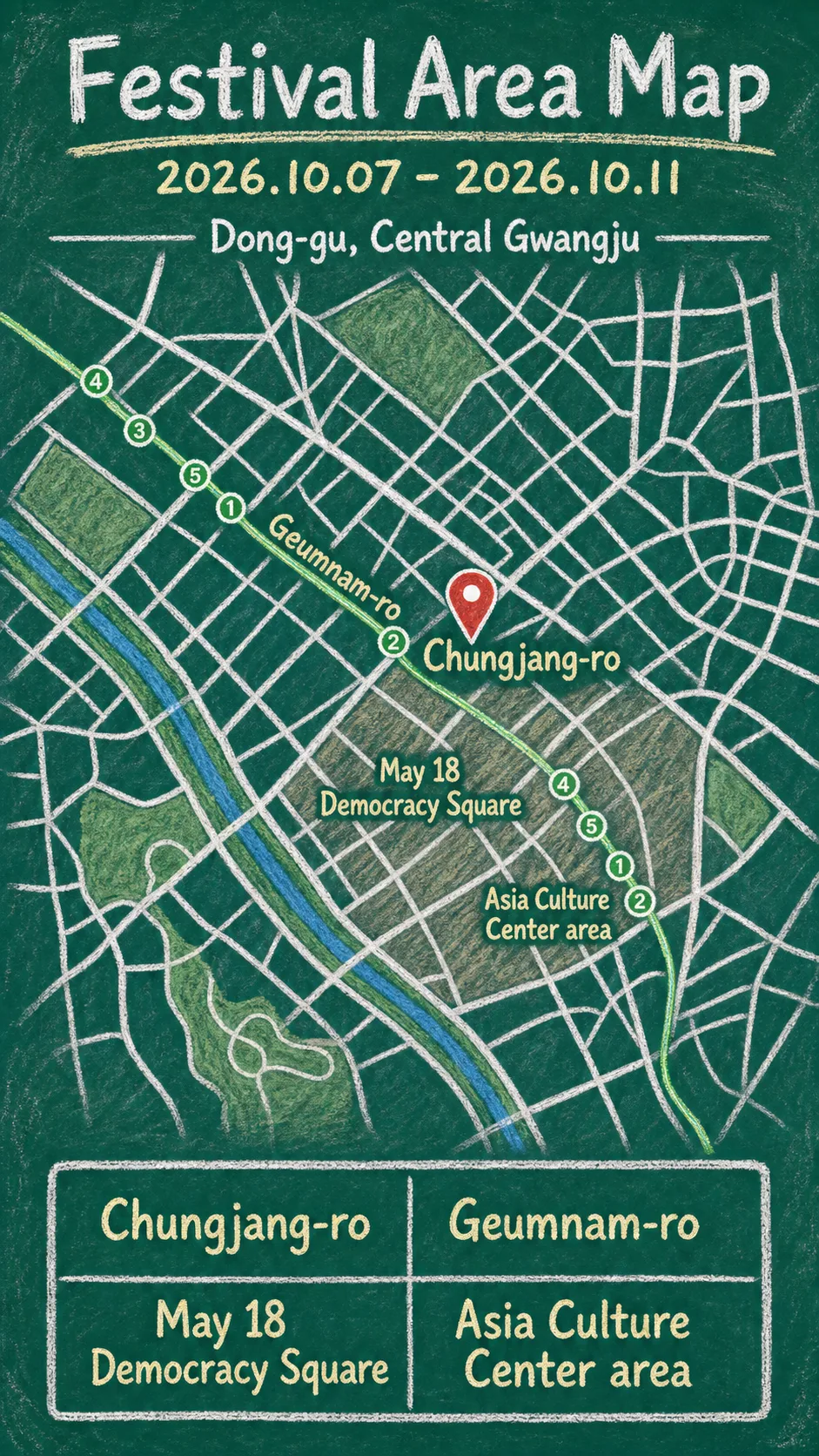 Gwangju Recollection Chungjang Festival 2026: Dates, Area Guide, and Where to Stay English chalkboard map redrawn from the source map