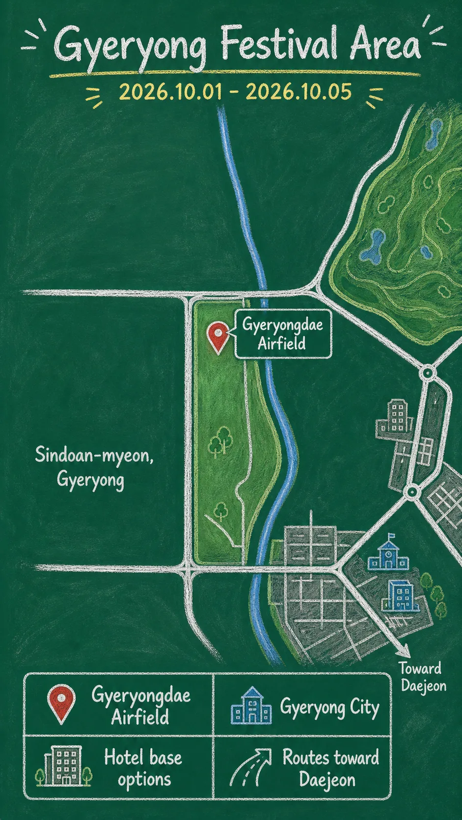 Gyeryong Military Culture Festival 2026: Dates, Location, Travel Tips, and Where to Stay English chalkboard map redrawn from the source map