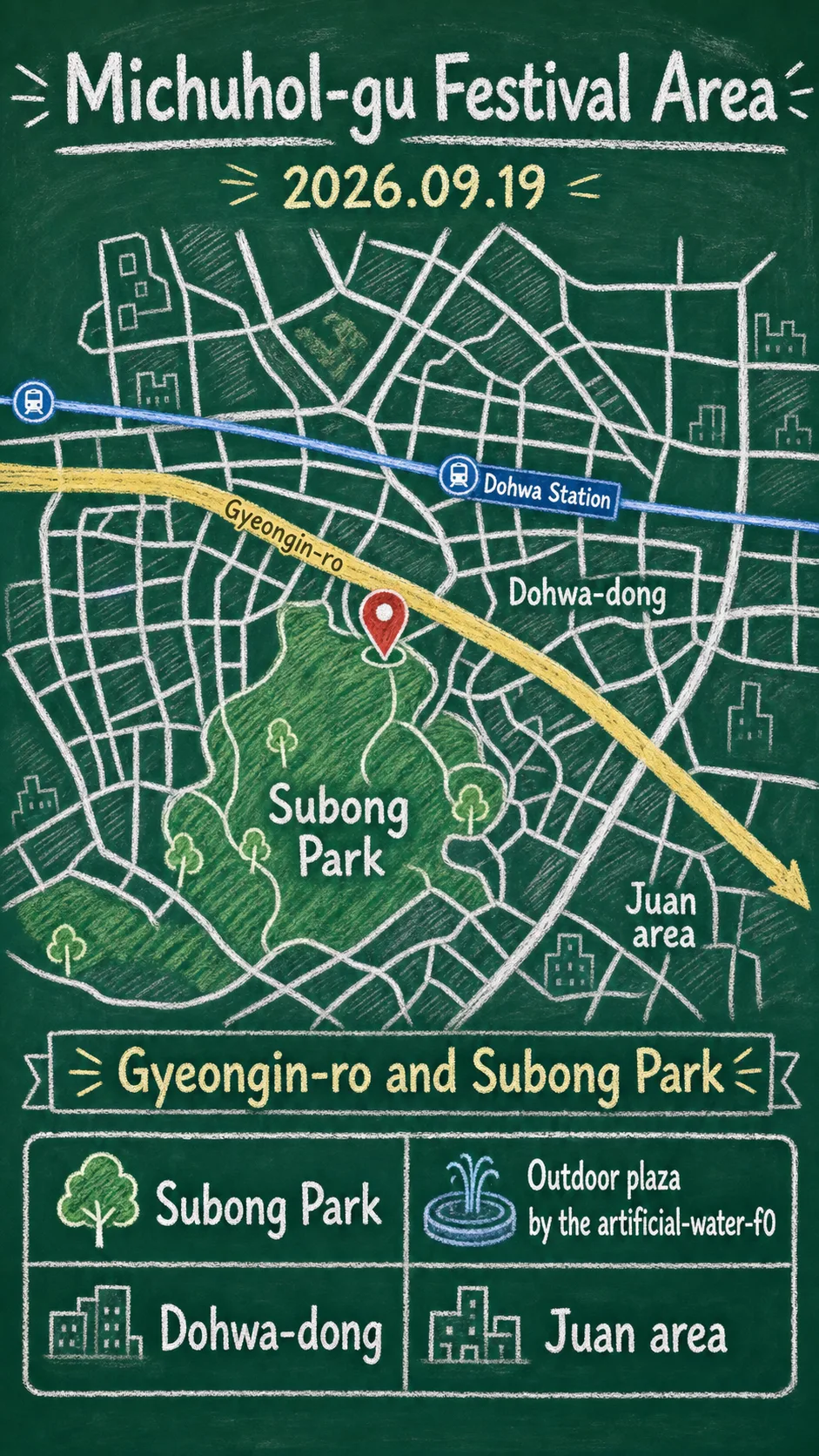 Haksan Madang Theater Festival 2026: Incheon Location, Visitor Tips, and Hotel Bases English chalkboard map redrawn from the source map