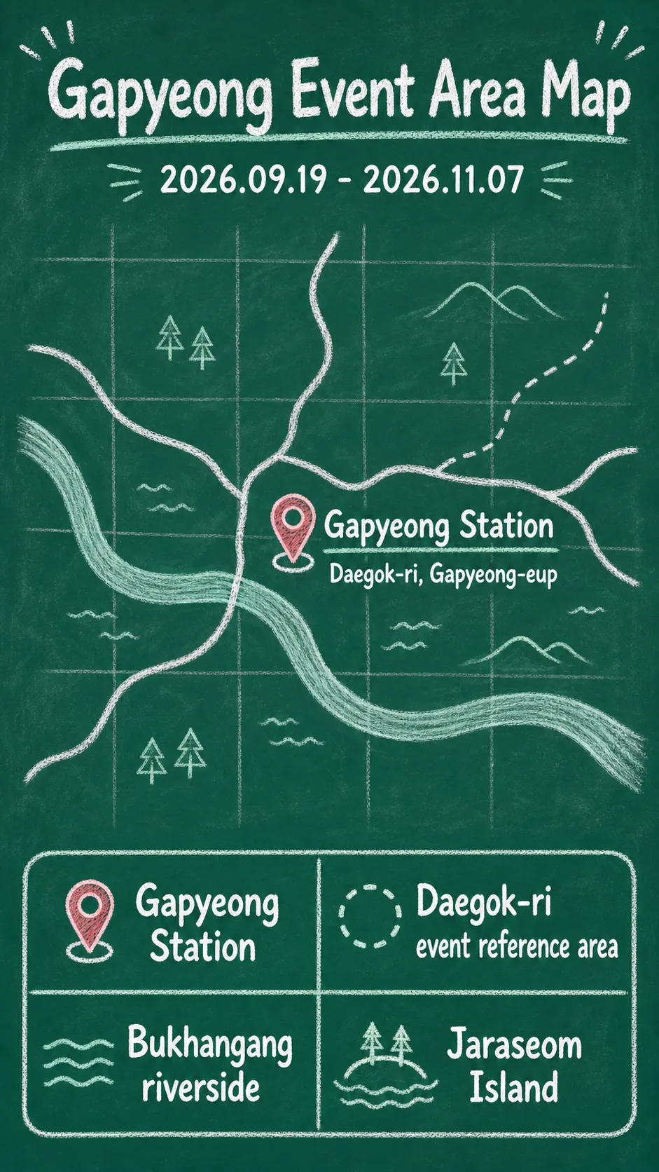 Han River Watershed Walking Event 2026: Dates, Gapyeong Location, Packing Tips, and Where to Stay English chalkboard map redrawn from the source map