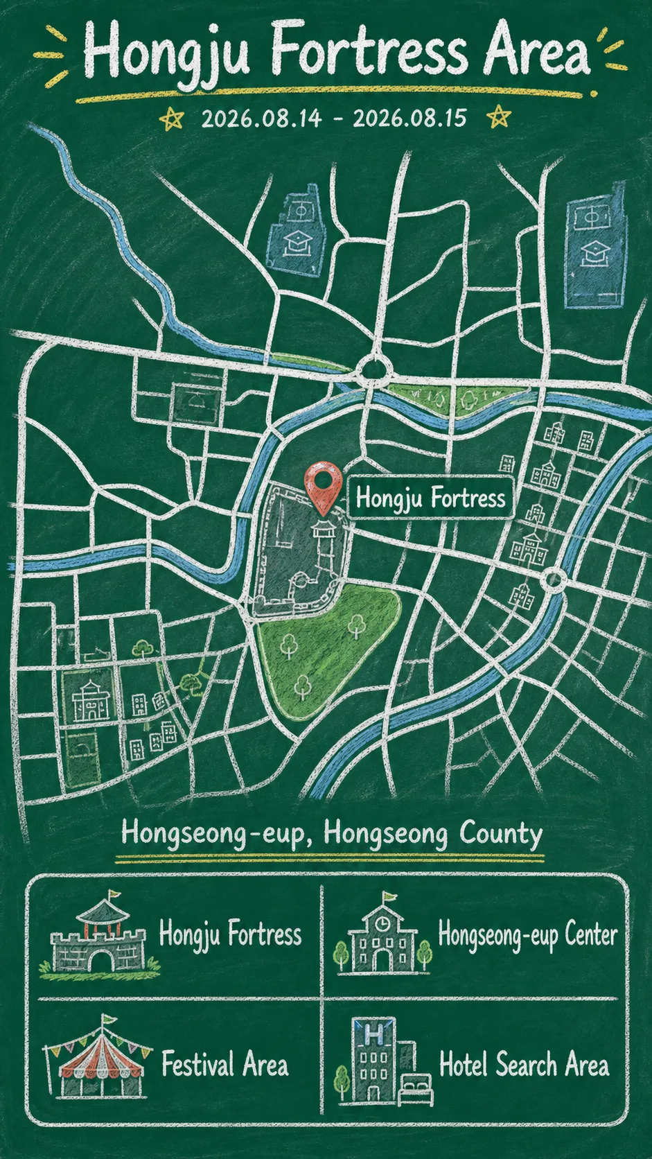 Hongseong Heritage Night 2026: Festival Dates, Hongju Fortress Location, and Hotel Base Tips English chalkboard map redrawn from the source map