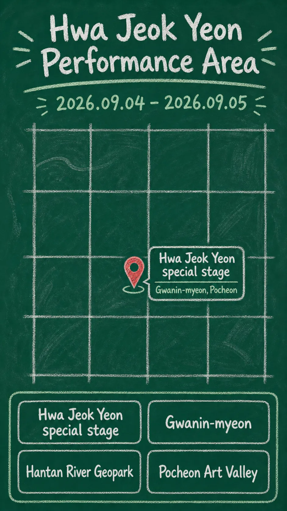 Hwa Jeok Yeon: A Thousand-Year Promise 2026 Guide - Dates, Location and Pocheon Hotels English chalkboard map redrawn from the source map