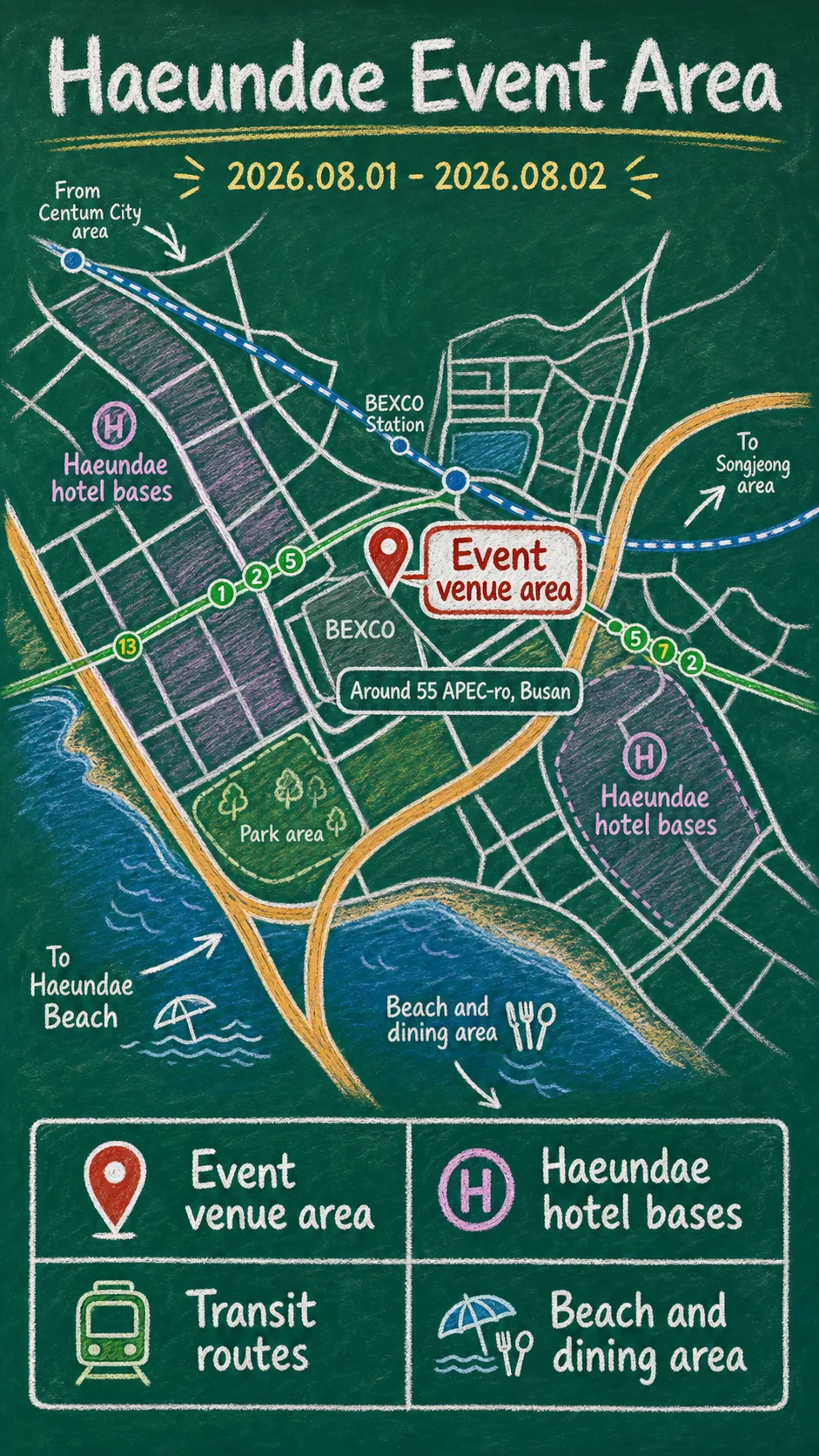 Illustar Fest 12 in Busan: Dates, Location, Prep Tips and Haeundae Hotel Bases English chalkboard map redrawn from the source map