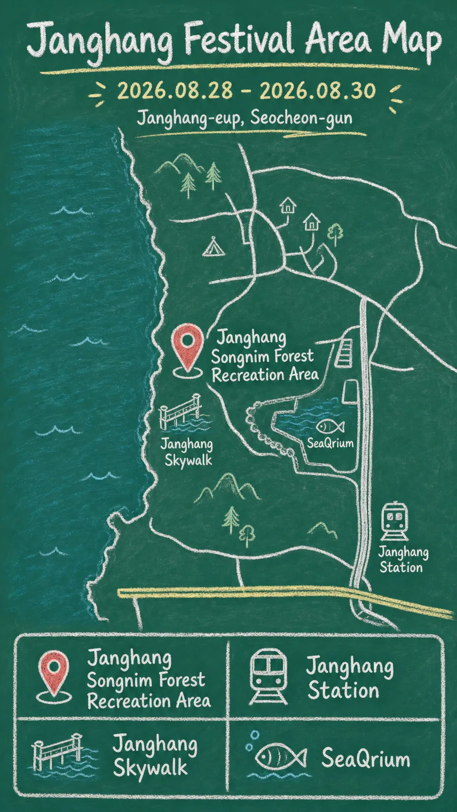 Janghang Liriope Flower Festival 2026: Dates, Travel Tips, and Where to Stay in Seocheon English chalkboard map redrawn from the source map