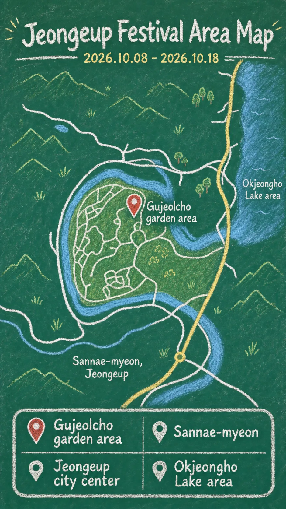 Jeongeup Gujeolcho Flower Festival 2026: Dates, Location and Hotel Base Guide English chalkboard map redrawn from the source map