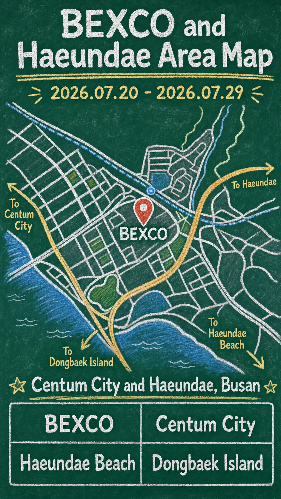 K-Heritage House 2026 in Busan: BEXCO Event Guide and Haeundae Hotel Base Tips English chalkboard map redrawn from the source map