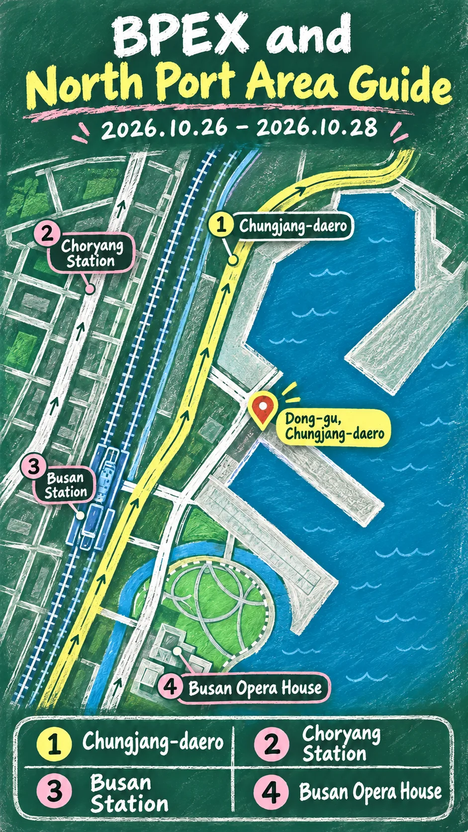 Korea Maritime Mobility & Safety Expo 2026: Dates, Venue and Where to Stay English chalkboard map redrawn from the source map