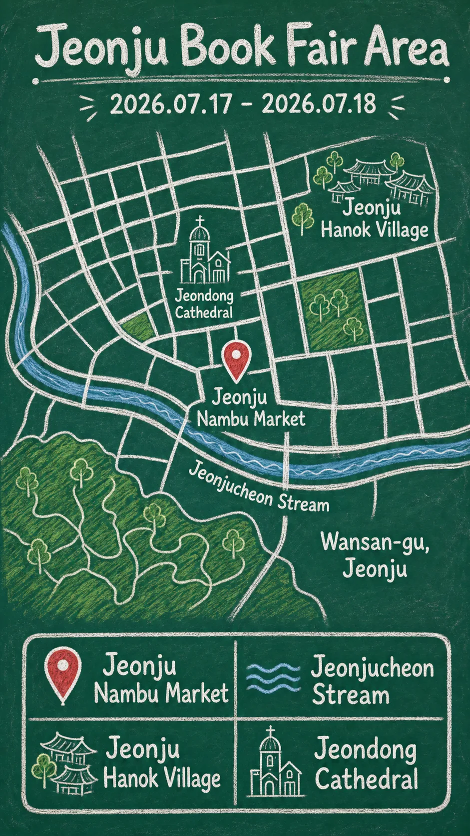 Life Reading x Life Bookstore Book Fair 2026: Jeonju Dates, Location and Hotel Base Tips English chalkboard map redrawn from the source map
