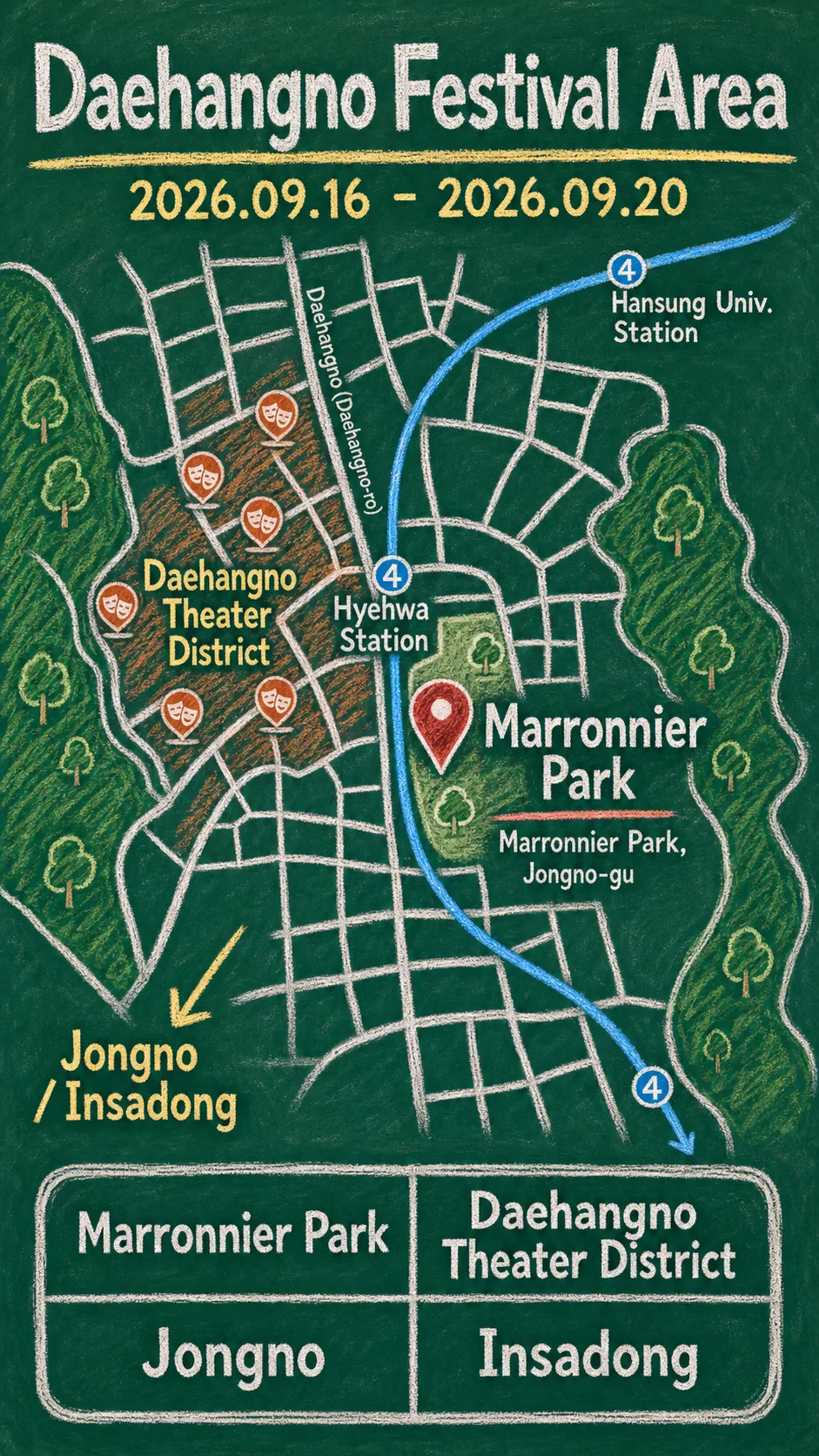 Literature Week 2026 in Seoul: Dates, Daehangno Location, and Hotel Base Tips English chalkboard map redrawn from the source map
