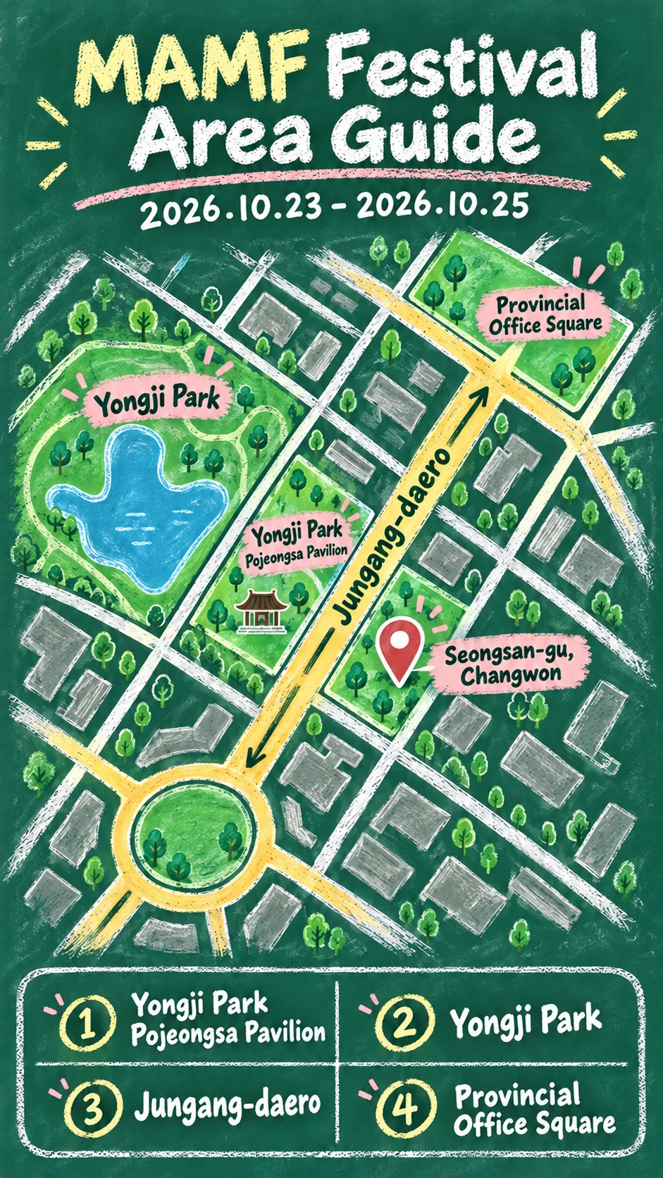MAMF 2026 in Changwon: Dates, Venues, What to Pack, and Where to Stay English chalkboard map redrawn from the source map