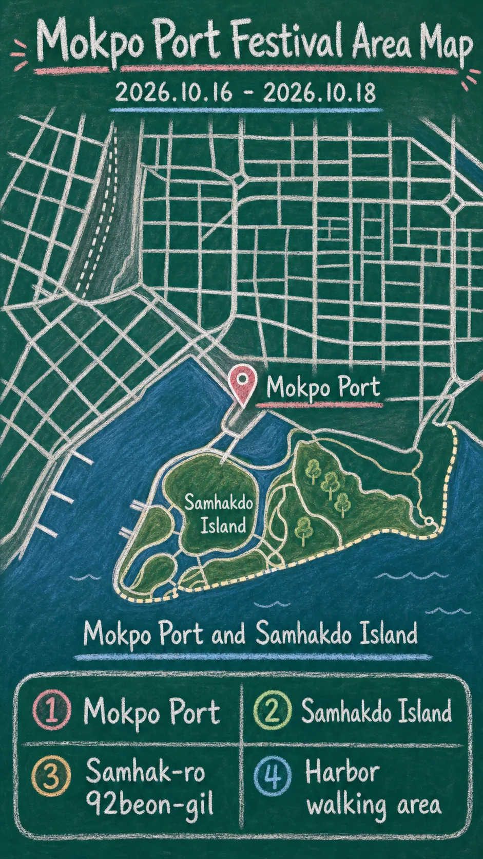 Mokpo Port Festival 2026: Dates, Samhakdo Location, and Mokpo Hotel Bases English chalkboard map redrawn from the source map