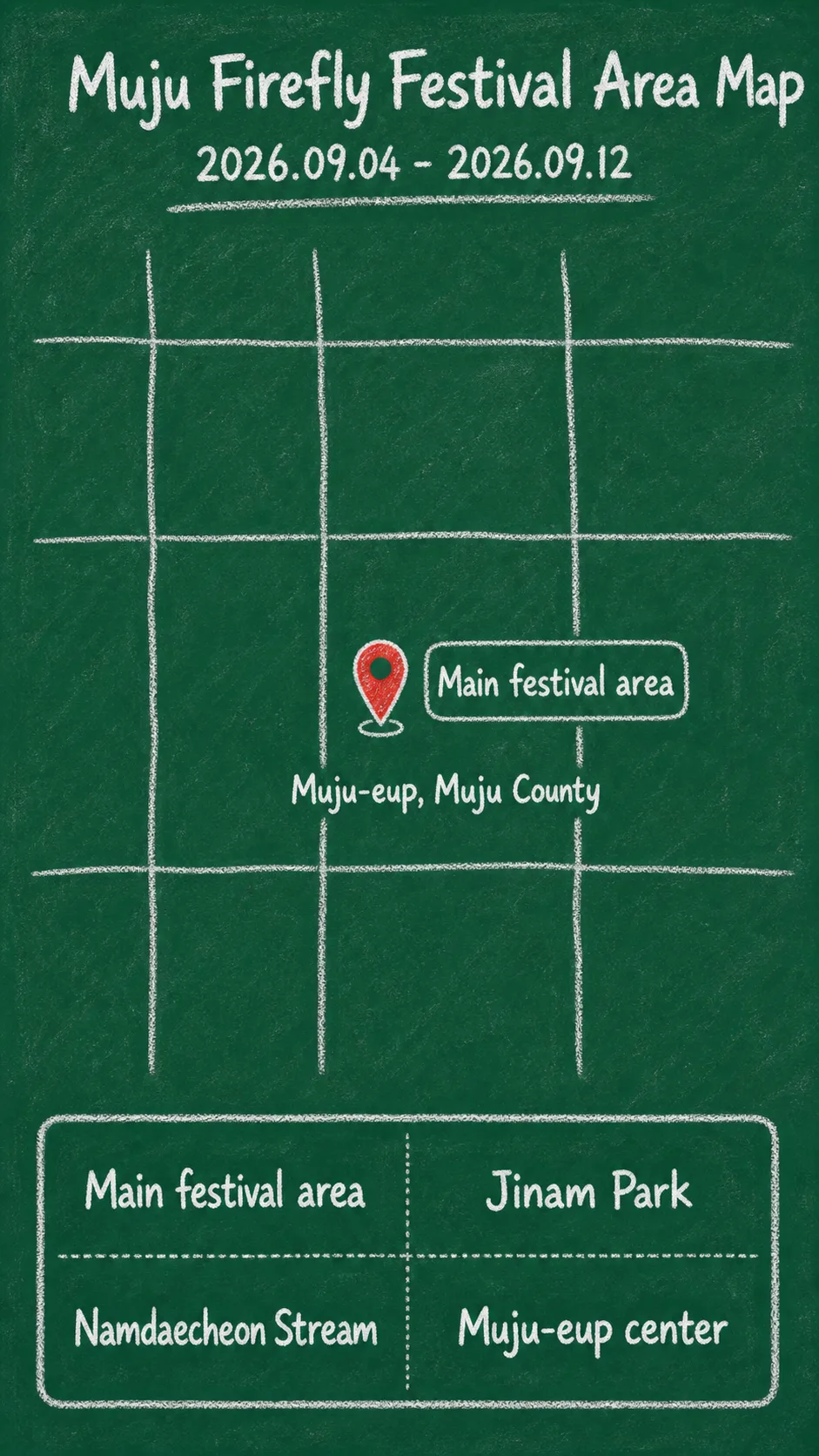 Muju Firefly Festival 2026: Where to Stay and How to Plan the Night English chalkboard map redrawn from the source map