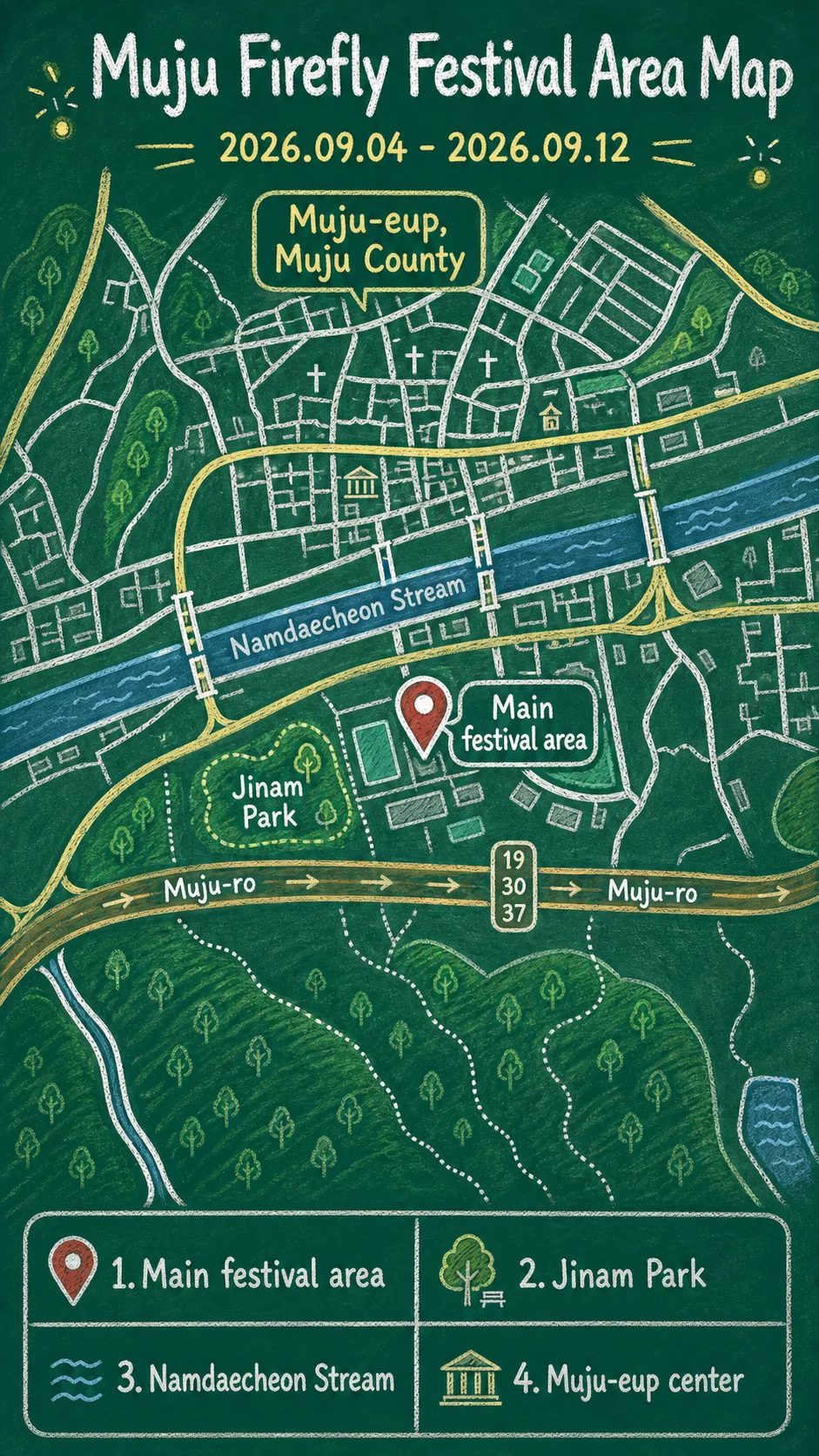 Muju Firefly Festival 2026: Where to Stay and How to Plan the Night English chalkboard map redrawn from the source map